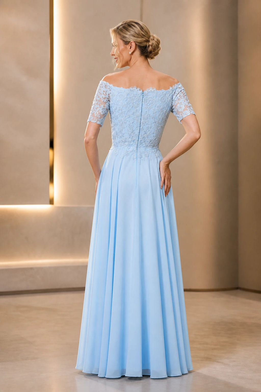 Light blue A-line off-shoulder Mother of the Bride dress with lace bodice, short sleeves and zip back, front and back view by Vedress