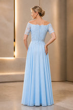 Light blue A-line off-shoulder Mother of the Bride dress with lace bodice, short sleeves and zip back, front and back view by Vedress