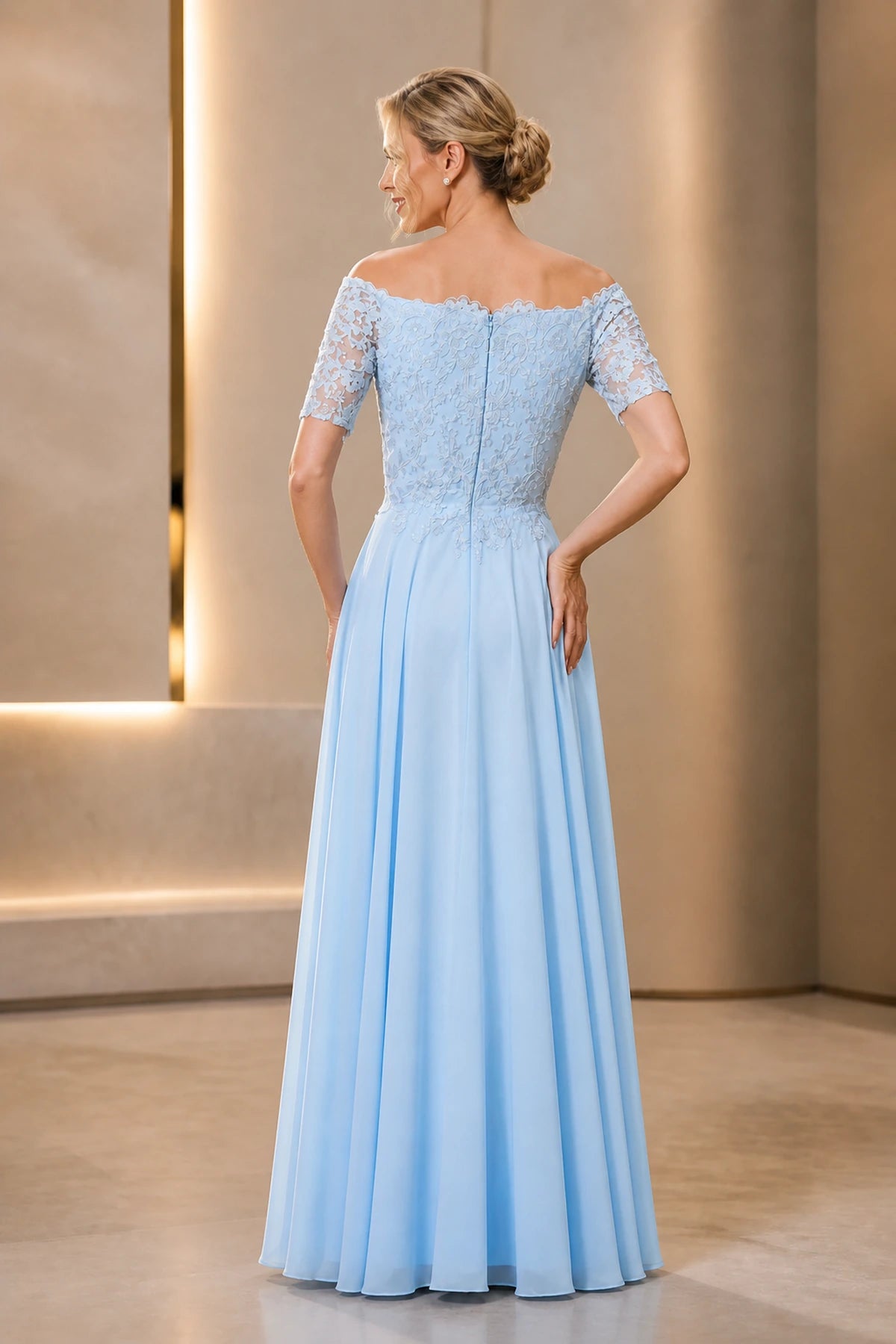 Light blue A-line off-shoulder Mother of the Bride dress with lace bodice, short sleeves and zip back, front and back view by Vedress