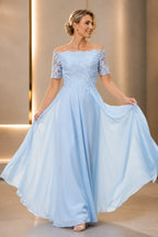 Graceful A-Line Off-Shoulder Short-Sleeve Zip-Back Long Mother of the Bride Dress