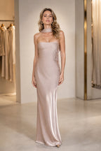 Refined Sheath Strapless Sleeveless Draped Open Back Long Bridesmaid Dress