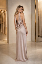 Refined Sheath Strapless Sleeveless Draped Open Back Long Bridesmaid Dress