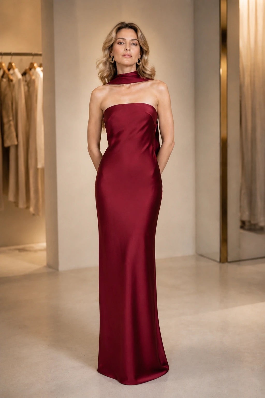 Refined Sheath Strapless Sleeveless Draped Open Back Long Bridesmaid Dress