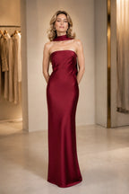 Refined Sheath Strapless Sleeveless Draped Open Back Long Bridesmaid Dress