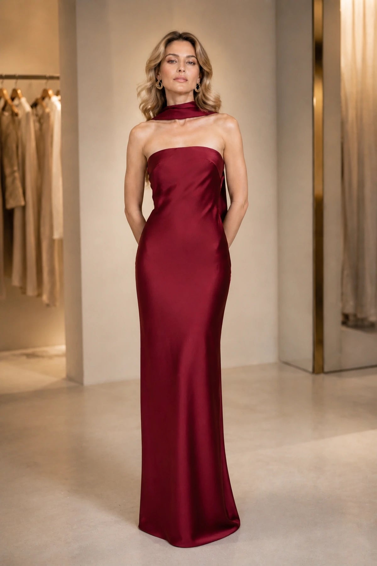 Refined Sheath Strapless Sleeveless Draped Open Back Long Bridesmaid Dress