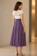 Purple A-line Mother of the Bride dress with white lace V-neck bodice, cap sleeves and illusion back, front and back view by Vedress