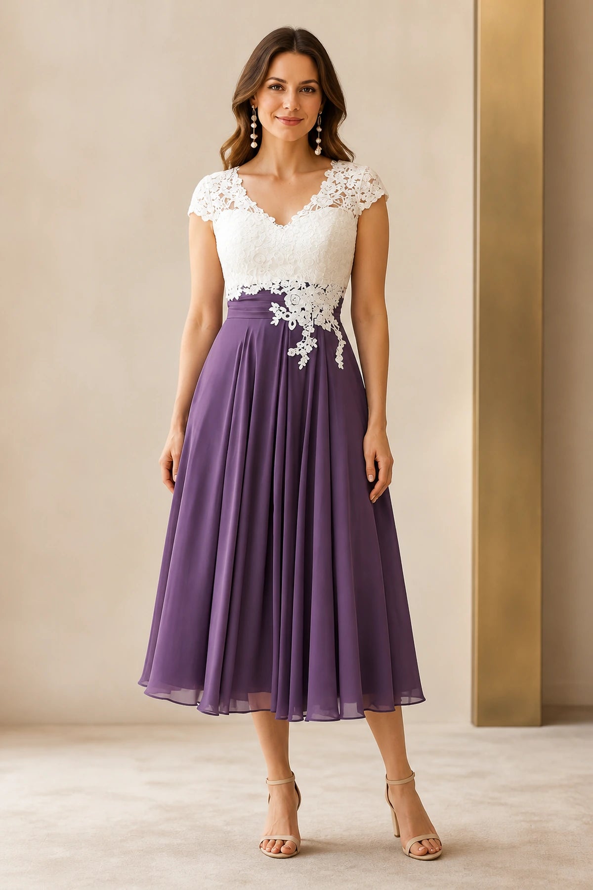 Purple A-line Mother of the Bride dress with white lace V-neck bodice, cap sleeves and illusion back, front and back view by Vedress