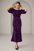 Purple sequin jewel neck elbow sleeve midi wedding guest dress front view