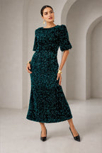 Glamorous Sheath Jewel Neck Elbow Sleeve Closed Back Midi Wedding Guest Dress