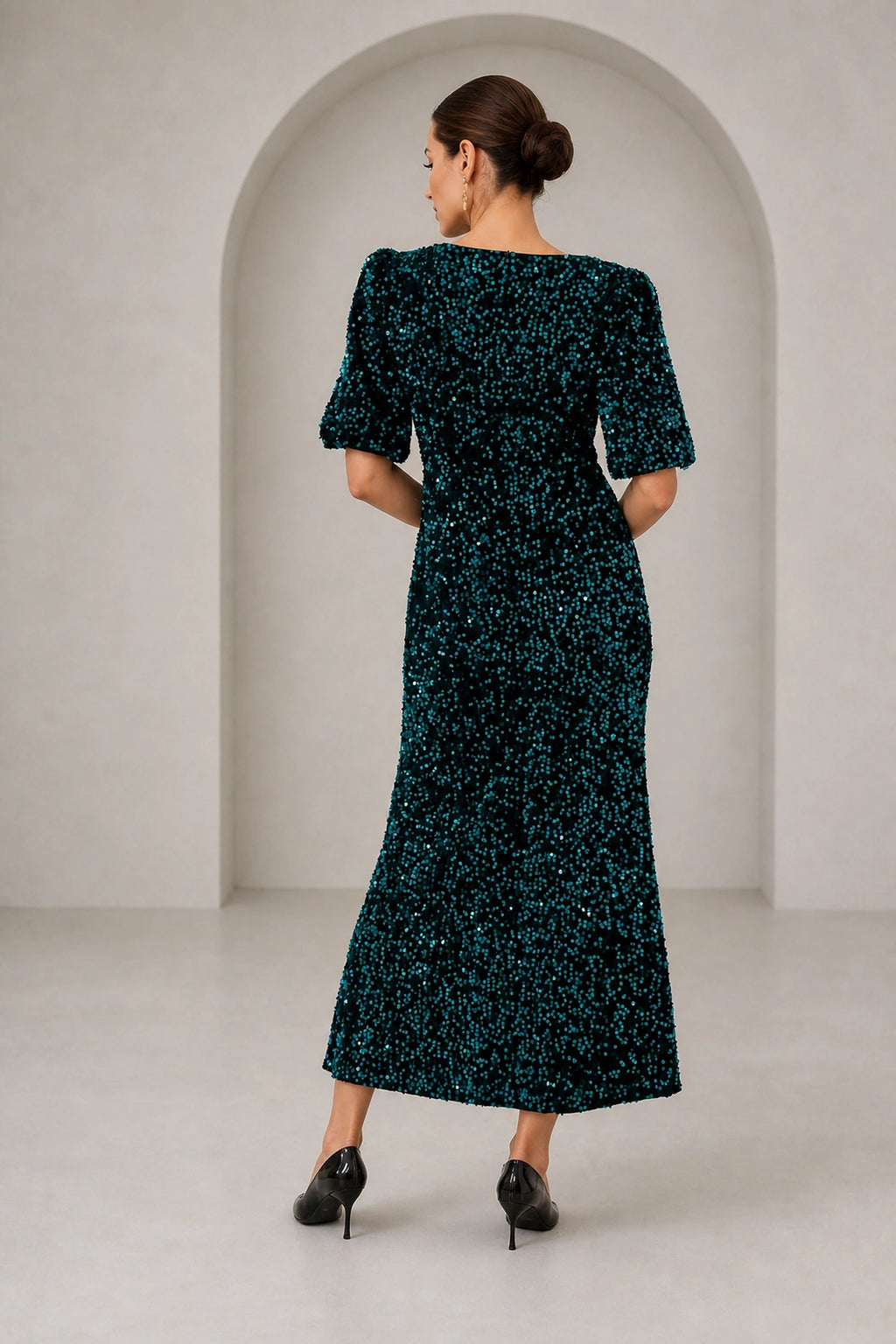 Glamorous Sheath Jewel Neck Elbow Sleeve Closed Back Midi Wedding Guest Dress