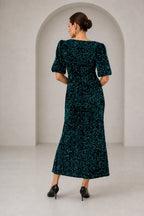 Glamorous Sheath Jewel Neck Elbow Sleeve Closed Back Midi Wedding Guest Dress