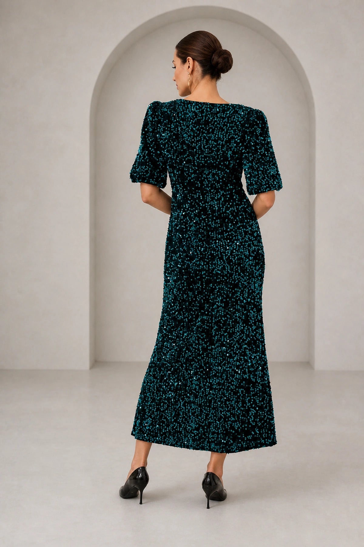 Glamorous Sheath Jewel Neck Elbow Sleeve Closed Back Midi Wedding Guest Dress