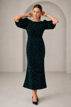 Glamorous Sheath Jewel Neck Elbow Sleeve Closed Back Midi Wedding Guest Dress