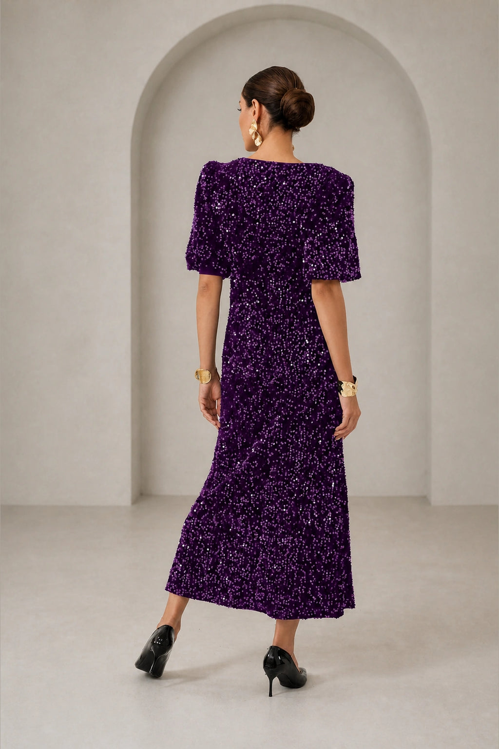 Purple sequin closed back elbow sleeve midi wedding guest dress back view