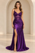 Purple sequin mermaid prom dress with V neck lace bodice, side slit and floor length skirt