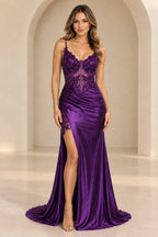 Purple sequin mermaid prom dress with V neck lace bodice, side slit and floor length skirt