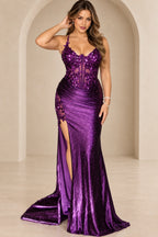 Glamorous Mermaid V Neck Sleeveless Corset Back Floor Length Prom Dress