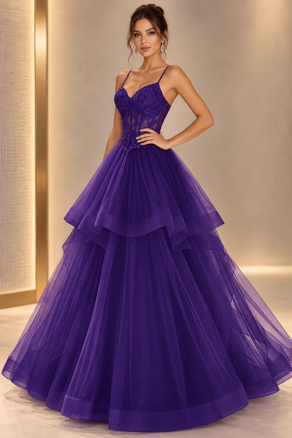 Purple A line prom dress with sweetheart neckline, thin straps, sheer floral corset-style bodice, and a layered floor-length skirt.