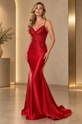 Red mermaid prom dress featuring a sweetheart neckline, spaghetti straps, beaded floral lace bodice, shimmering satin-look skirt, and sweeping train by Graceprom.