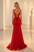 Red beaded mermaid prom dress with V neck lace up back and slit
