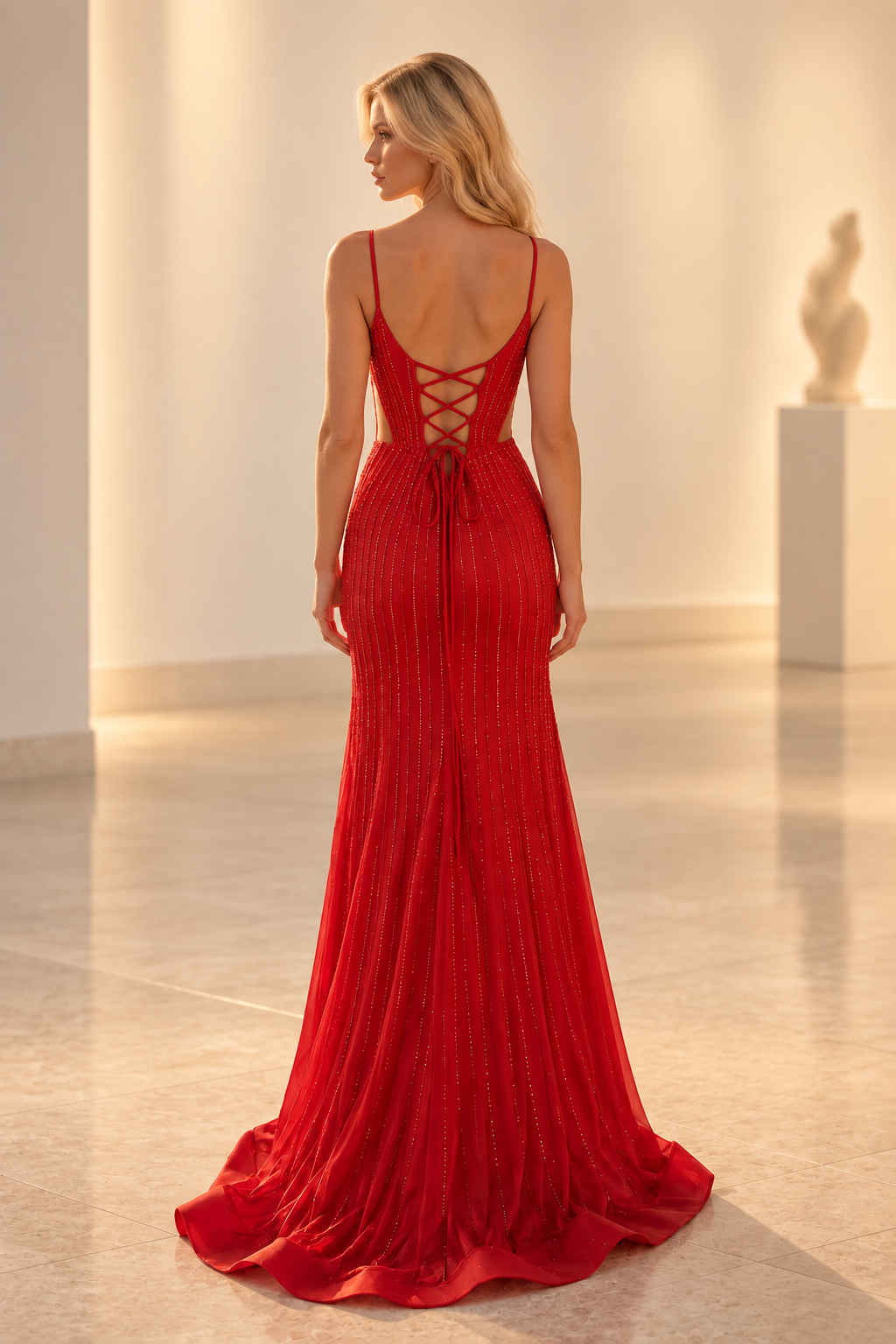 Red beaded mermaid prom dress with V neck lace up back and slit
