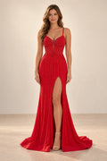Red beaded mermaid prom dress with V neck lace up back and slit