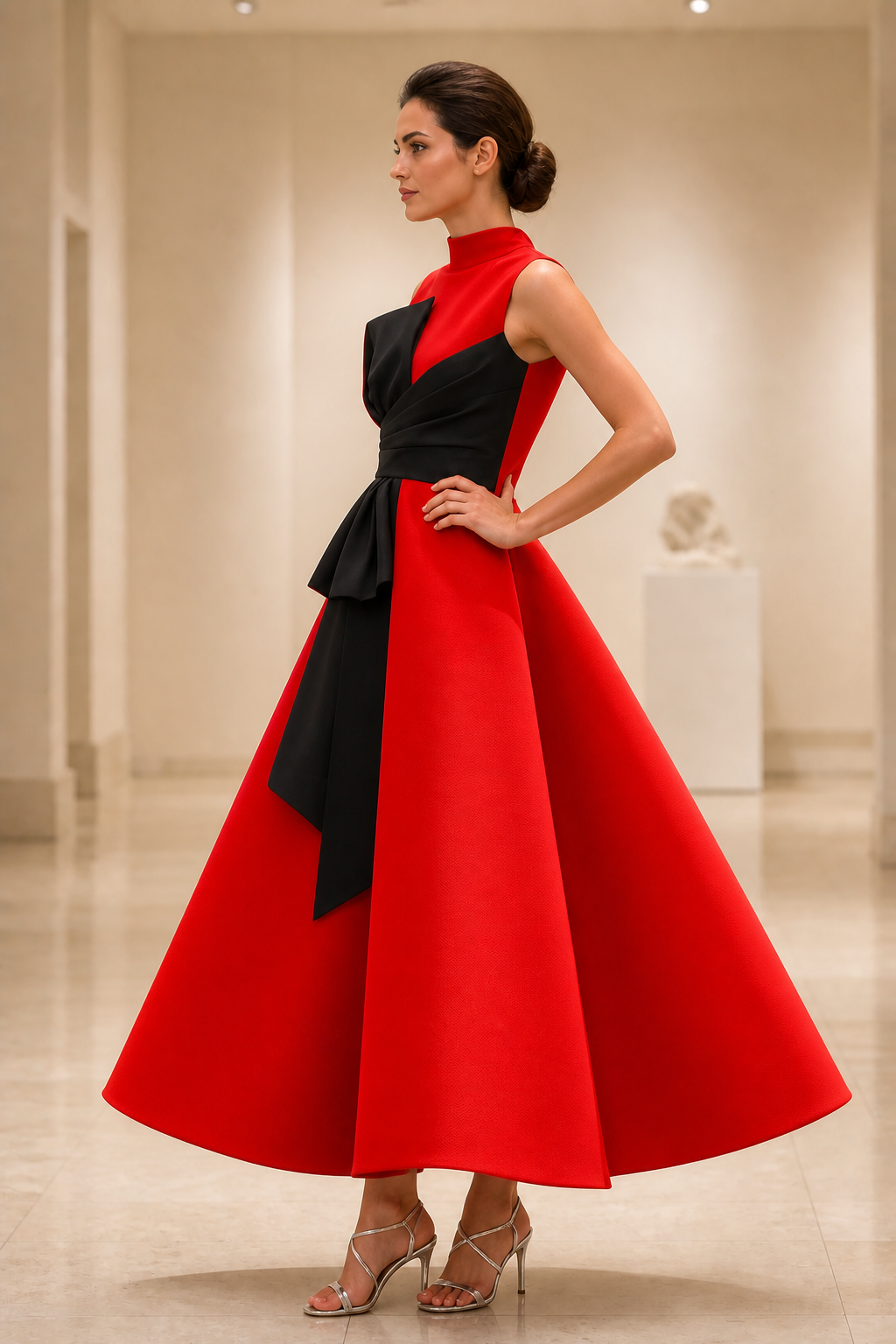 Side view of red A-line wedding guest dress with black sculptural wrap detail and tea length skirt