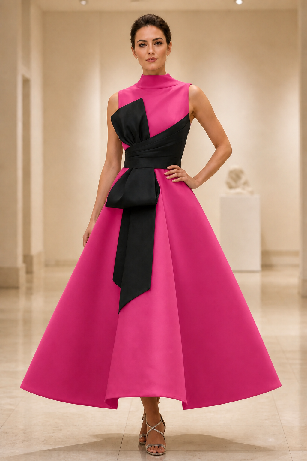 Striking A-Line High Neck Sleeveless Contrast Tea Length Wedding Guest Dress