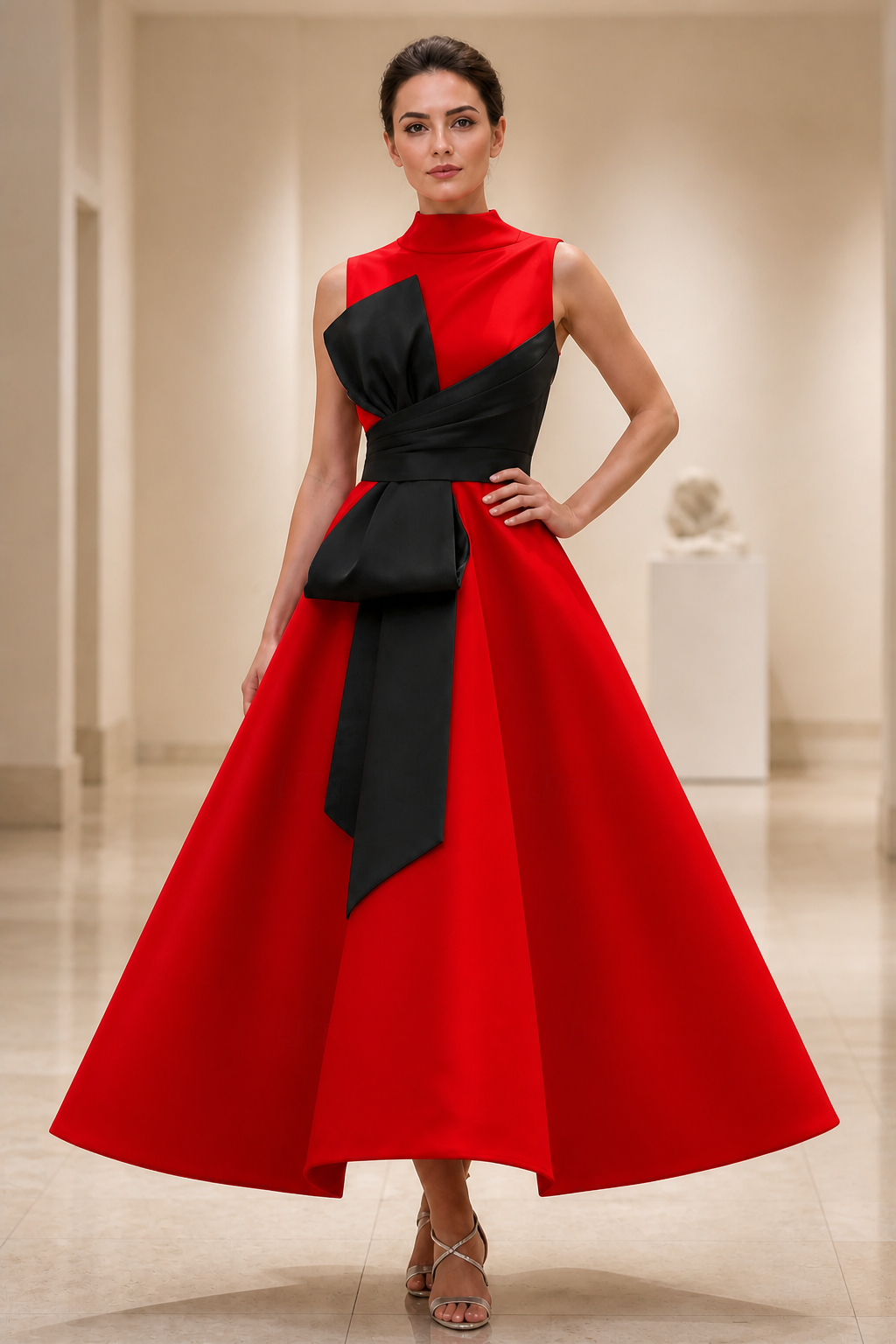 Red and black high neck A-line tea length wedding guest dress with statement waist detail by Graceprom