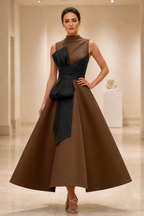 Striking A-Line High Neck Sleeveless Contrast Tea Length Wedding Guest Dress