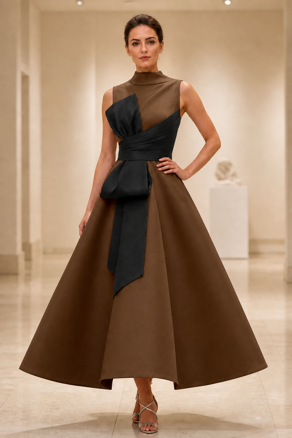 Striking A-Line High Neck Sleeveless Contrast Tea Length Wedding Guest Dress