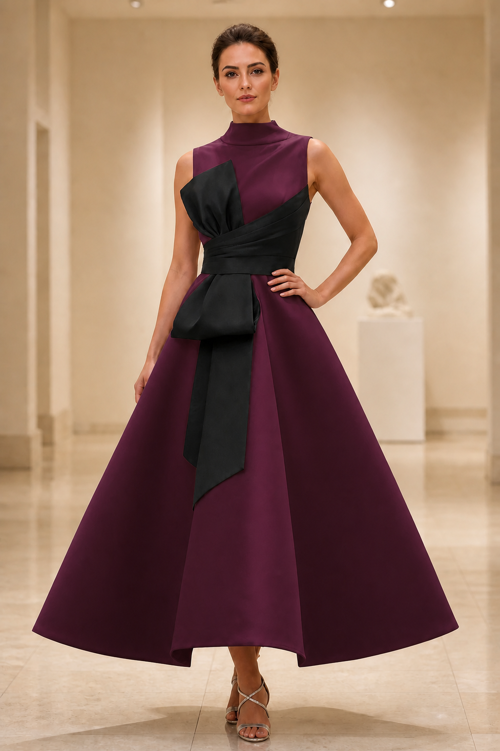 Striking A-Line High Neck Sleeveless Contrast Tea Length Wedding Guest Dress