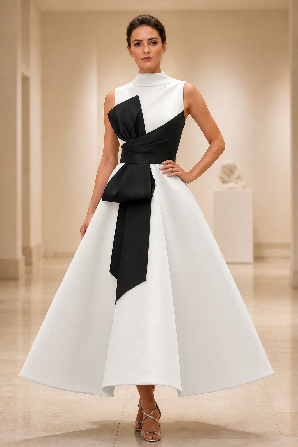 Striking A-Line High Neck Sleeveless Contrast Tea Length Wedding Guest Dress
