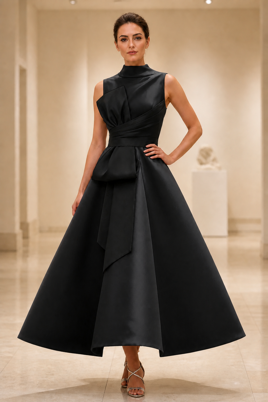 Striking A-Line High Neck Sleeveless Contrast Tea Length Wedding Guest Dress