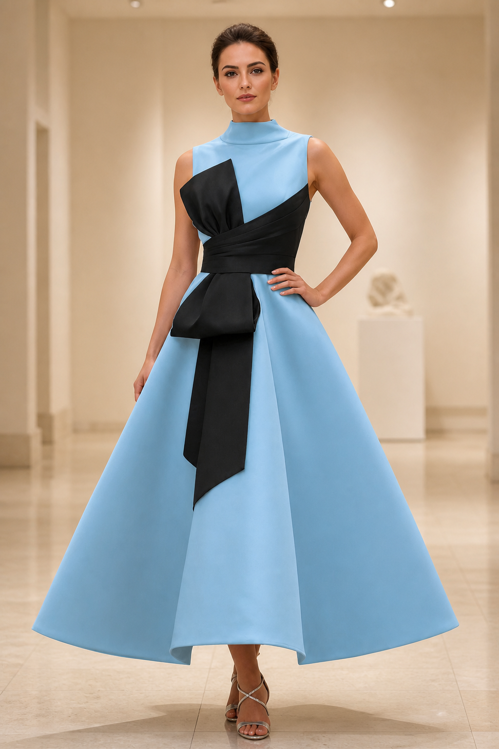 Striking A-Line High Neck Sleeveless Contrast Tea Length Wedding Guest Dress
