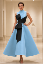Striking A-Line High Neck Sleeveless Contrast Tea Length Wedding Guest Dress