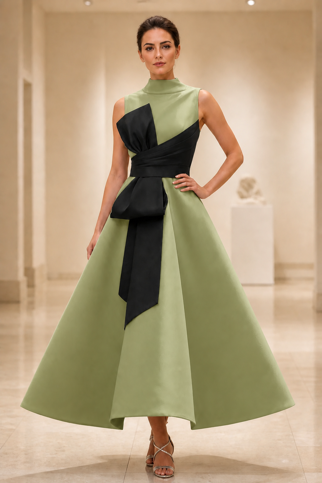 Striking A-Line High Neck Sleeveless Contrast Tea Length Wedding Guest Dress