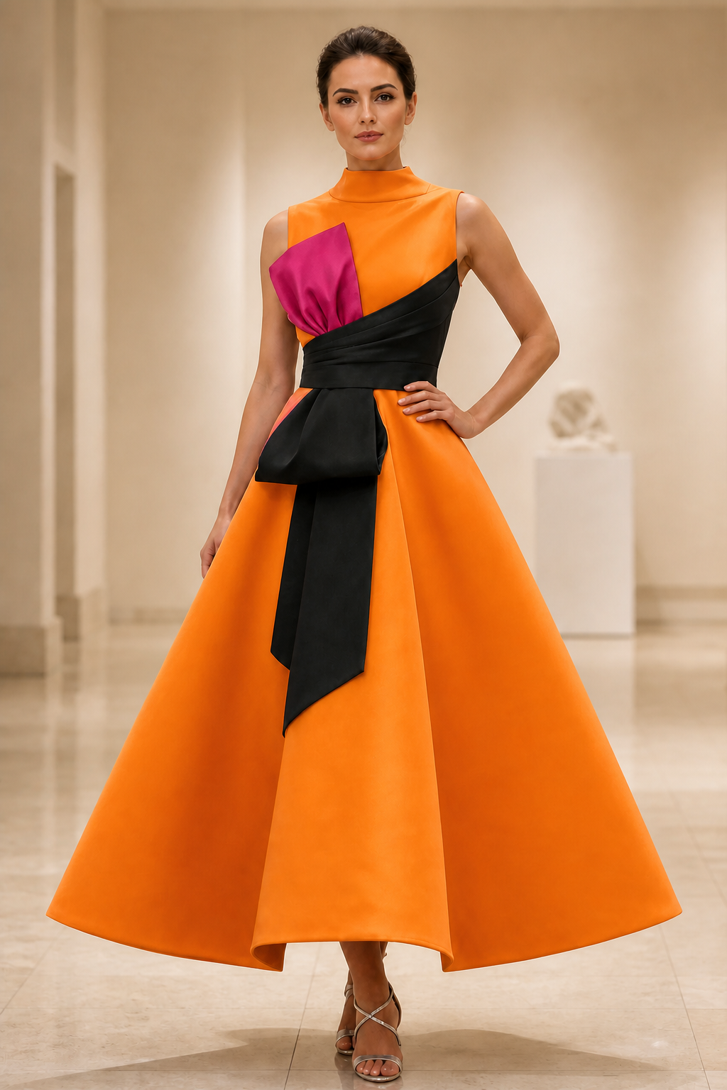 Striking A-Line High Neck Sleeveless Contrast Tea Length Wedding Guest Dress