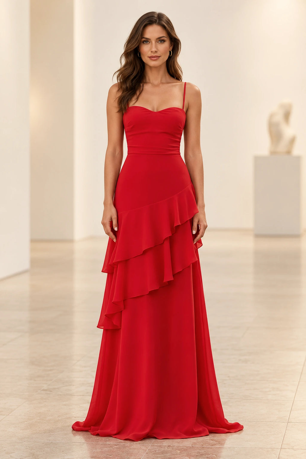 Red chiffon sheath prom dress featuring a sweetheart neckline, thin spaghetti straps, fitted bodice, asymmetrical cascading ruffles, and floor-length skirt by Graceprom.