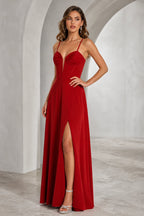Red deep V-neck spaghetti strap A-line floor length prom dress with slit front view