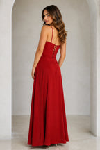 Red spaghetti strap lace-up back floor length prom dress back view