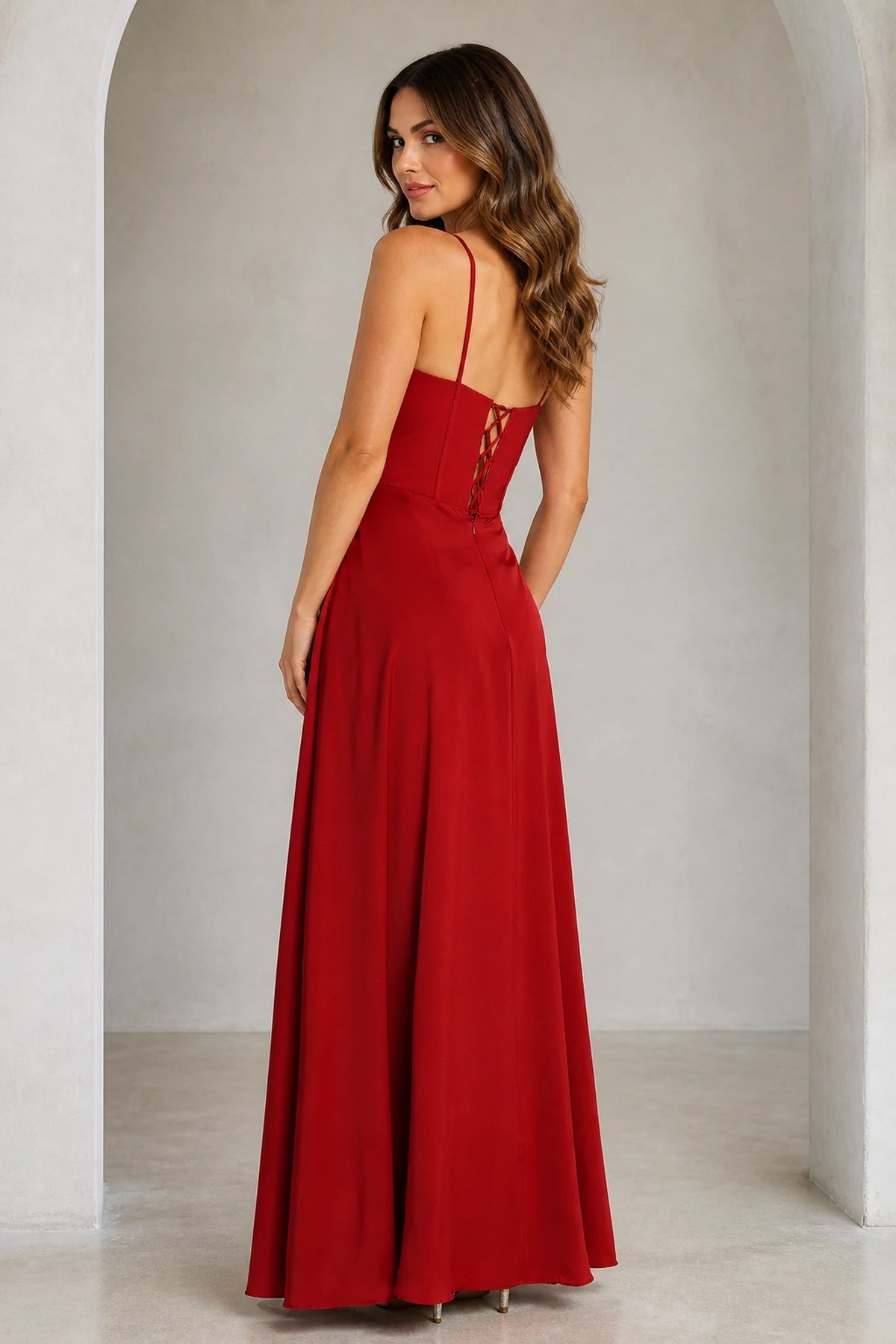 Red spaghetti strap lace-up back floor length prom dress back view
