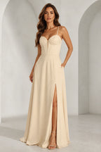 Striking A-Line Deep V-Neck Spaghetti-Strap Lace-Up-Back Floor-Length Prom Dress