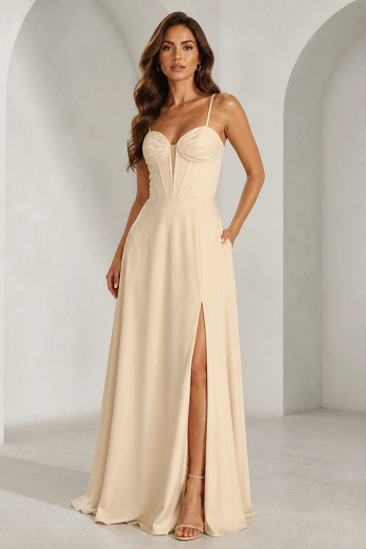 Striking A-Line Deep V-Neck Spaghetti-Strap Lace-Up-Back Floor-Length Prom Dress