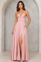 Striking A-Line Deep V-Neck Spaghetti-Strap Lace-Up-Back Floor-Length Prom Dress