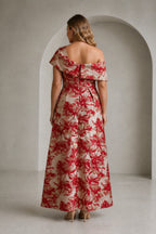Red and champagne floral asymmetric A-line mother of the bride dress with front slit