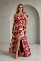 Red and champagne floral asymmetric A-line mother of the bride dress with front slit