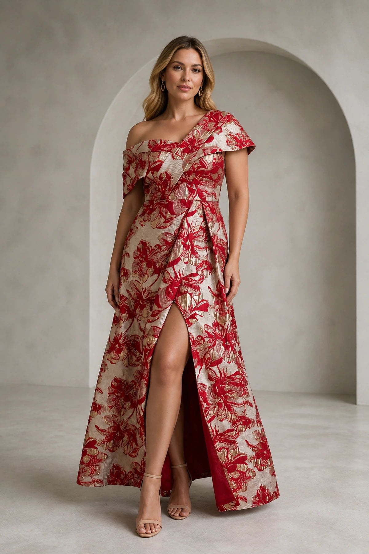 Red and champagne floral asymmetric A-line mother of the bride dress with front slit