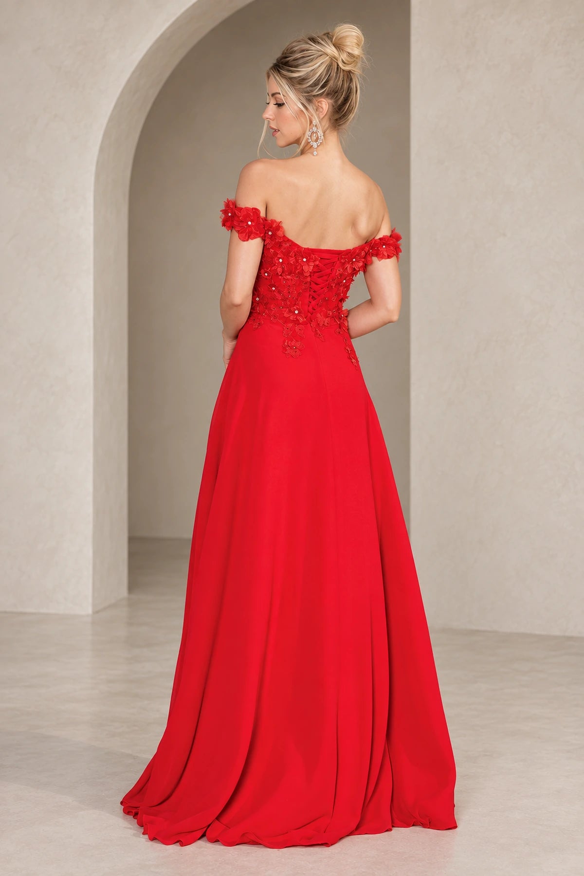 Red off shoulder floral lace A line prom dress with side slit and lace up back