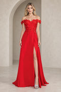 Red off shoulder floral lace A line prom dress with side slit and lace up back